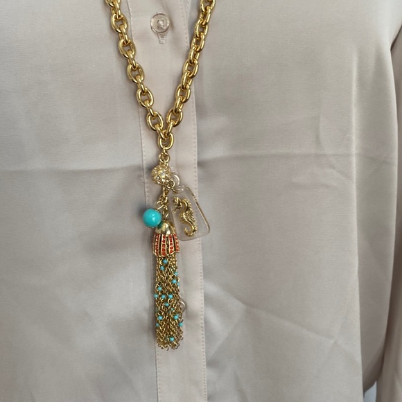 Lilly Pulitzer Women’ Seahorse Turquoise Tassel Necklace GoldTone -22”L Like New - Picture 4 of 7